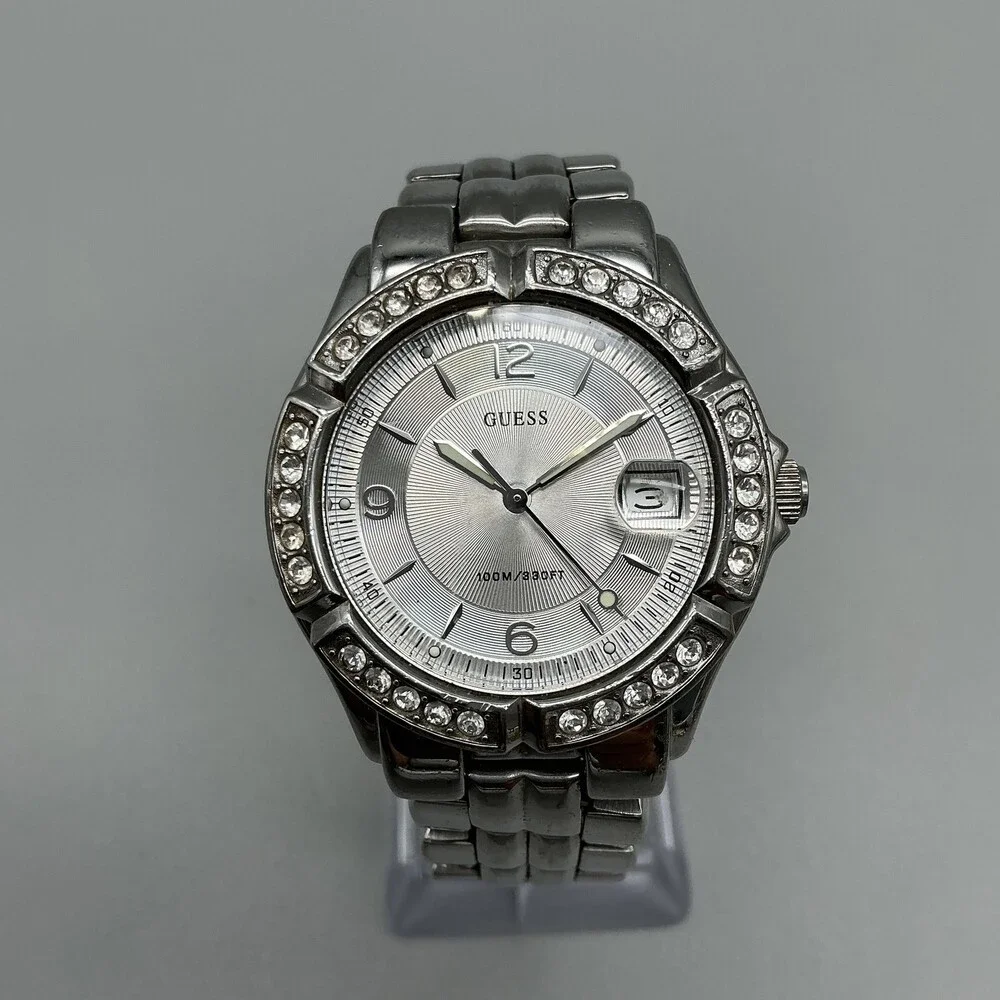 Guess Waterpro Womens Watch 35mm Silver Dial Crystal Bezel New Battery 6.25